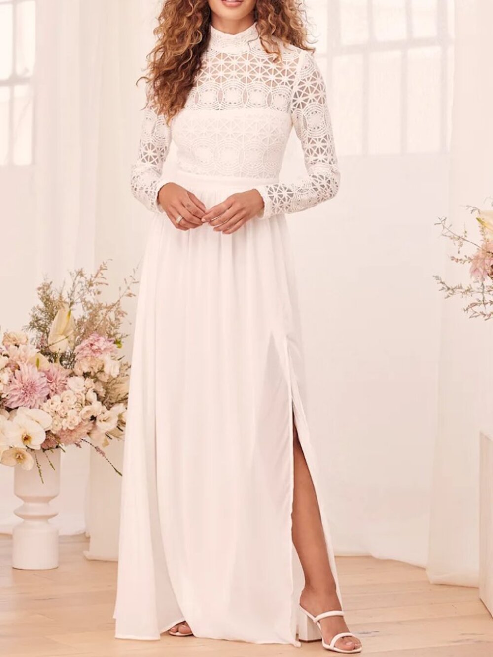 NWT Lulu's In Dreams White Long Sleeve Lace Maxi Dress